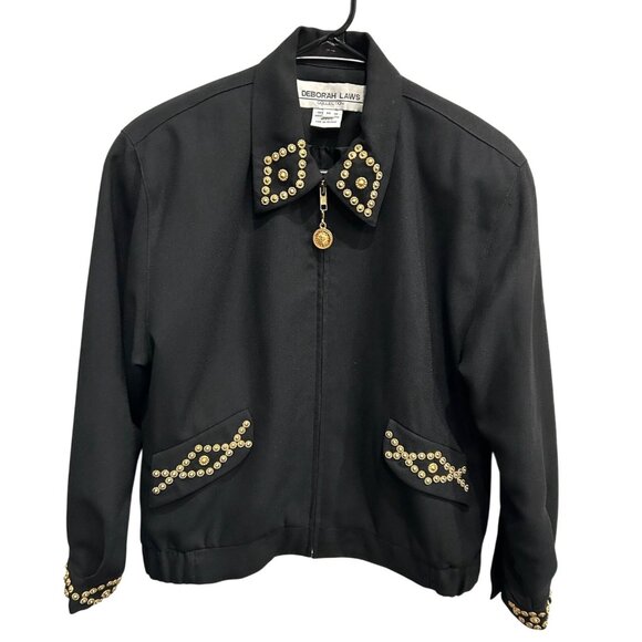 Deborah Laws Black Studded Jacket Decorative Gold Buttons Front Zip Sz Medium - Picture 2 of 9